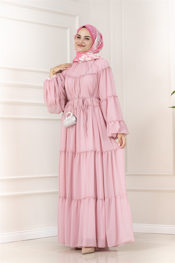 Robalı Manolya Şifon Elbise-PEMBE