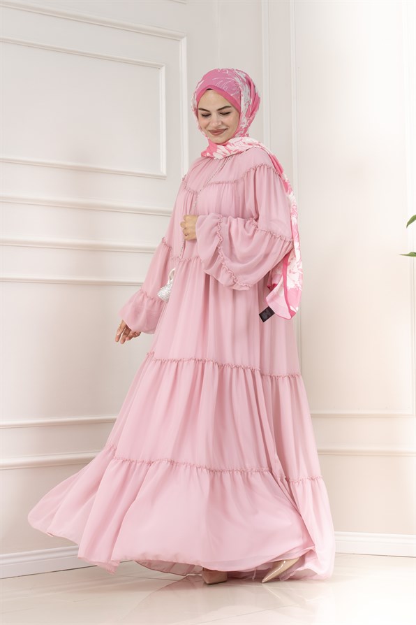 Robalı Manolya Şifon Elbise-PEMBE