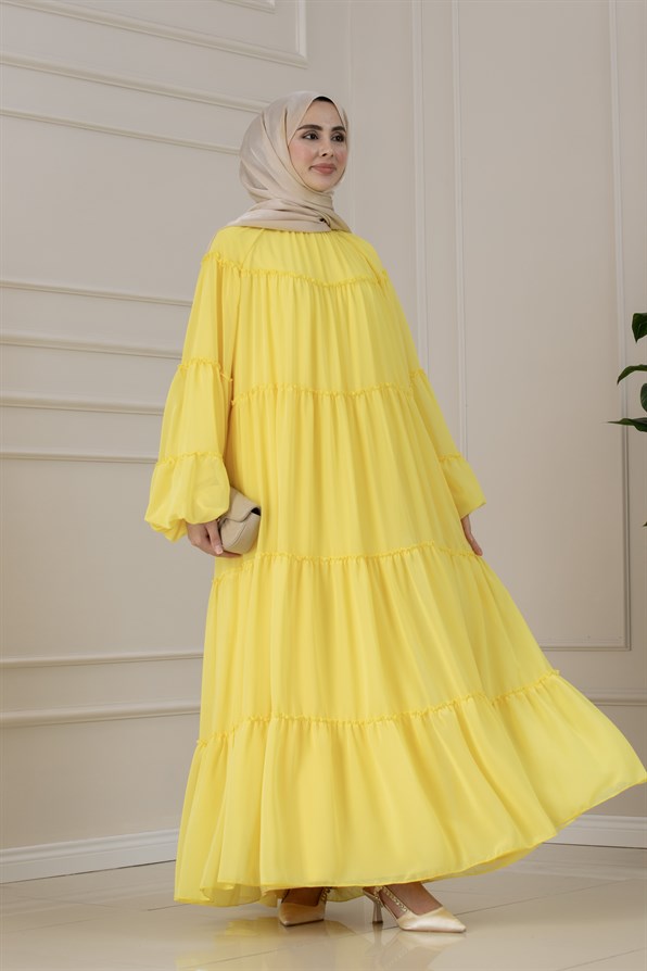 Robalı Manolya Şifon Elbise-SARI