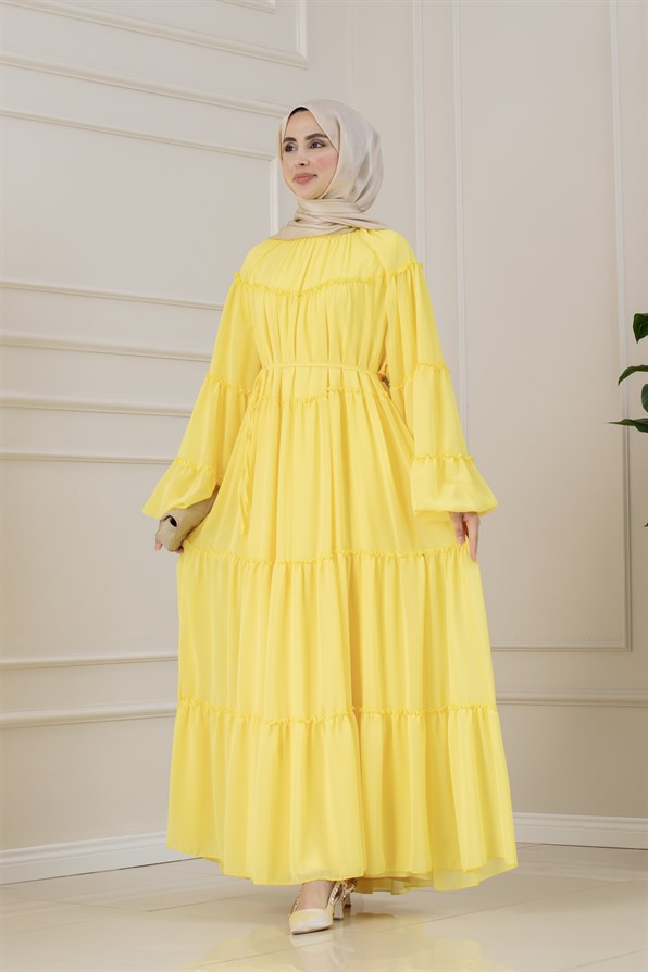 Robalı Manolya Şifon Elbise-SARI