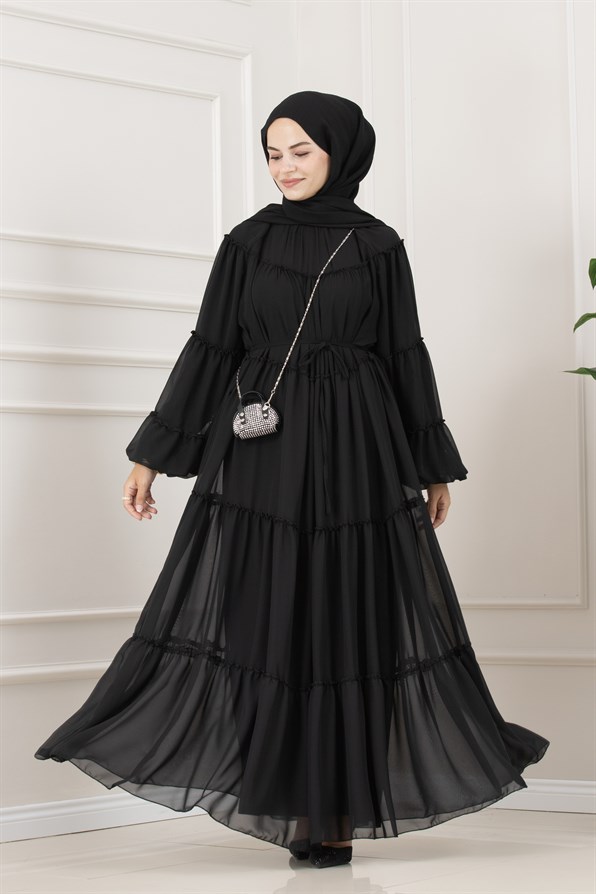 Robalı Manolya Şifon Elbise-SİYAH