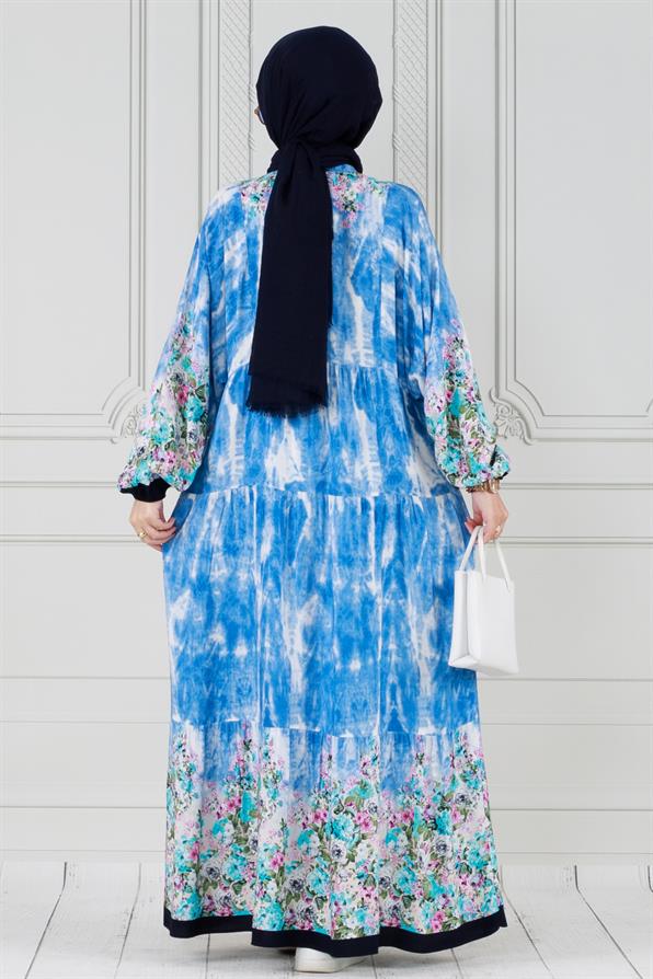 Robalı Manolya Viskon Elbise-Lacivert