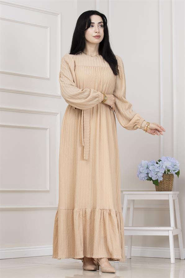 Robalı Sahra Tesettür Elbise-KREM