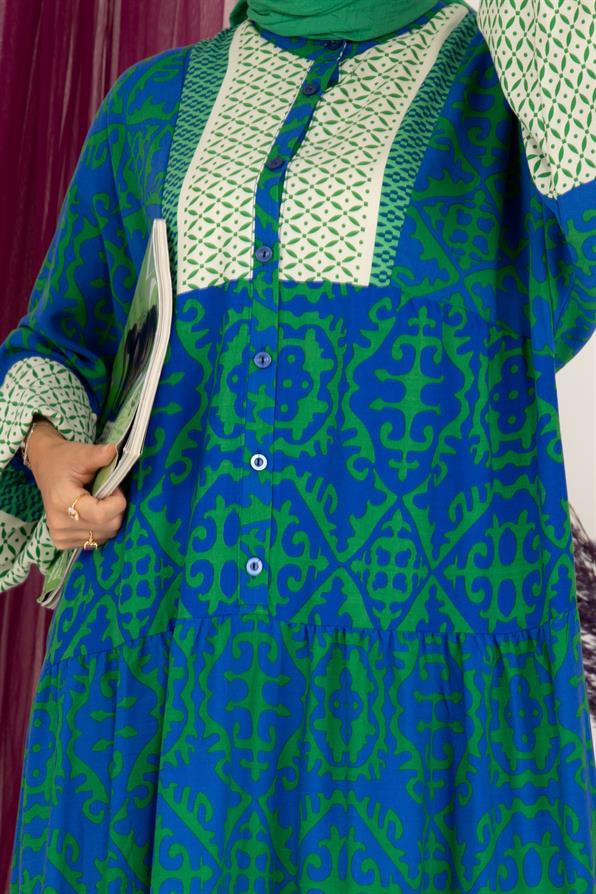 Robe Half Buttoned Viscose Dress -Blue