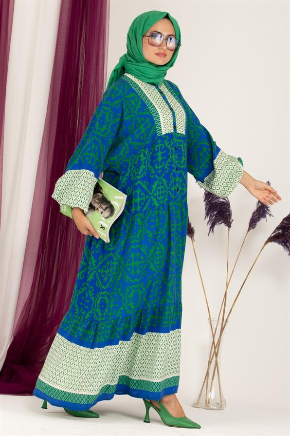 Robe Half Buttoned Viscose Dress -Blue