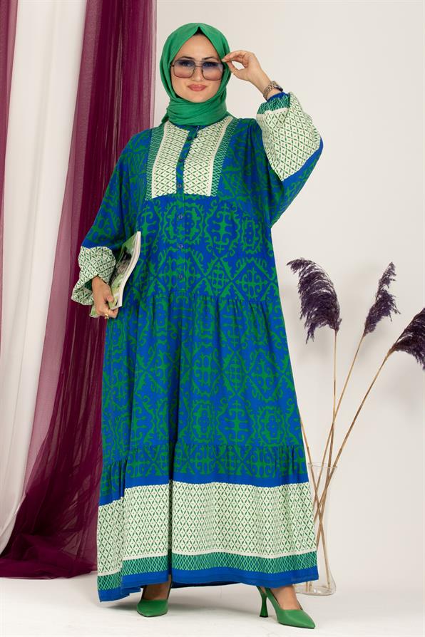 Robe Half Buttoned Viscose Dress -Blue