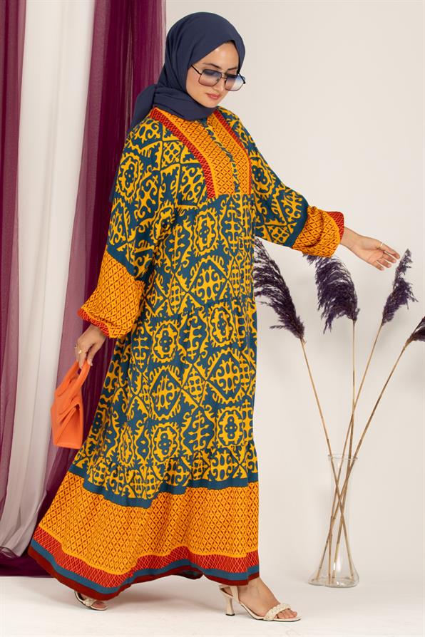 Robe Half Buttoned Viscose Dress -Yellow