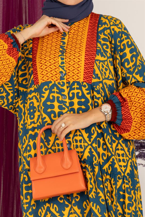 Robe Half Buttoned Viscose Dress -Yellow