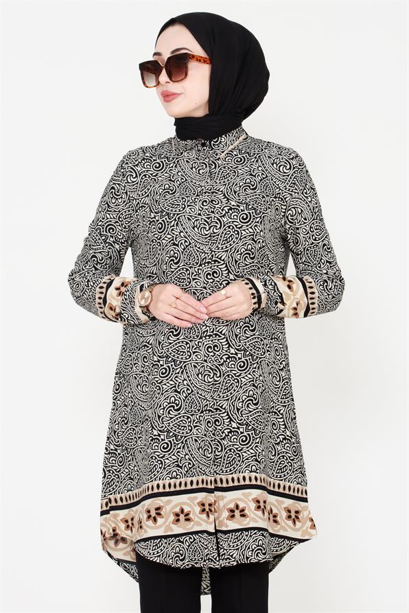 Shawl Patterned Viscose Tunic - Beige