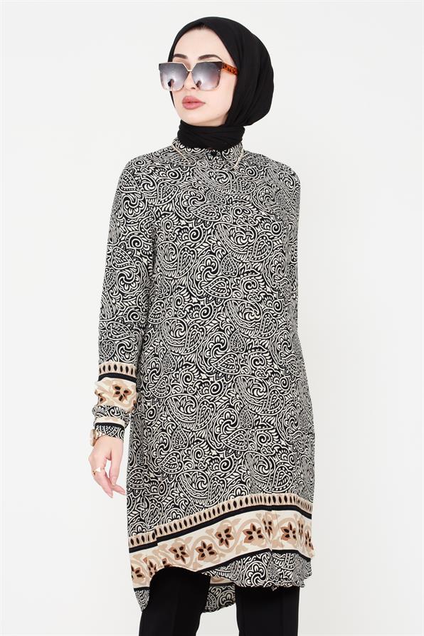 Shawl Patterned Viscose Tunic - Beige