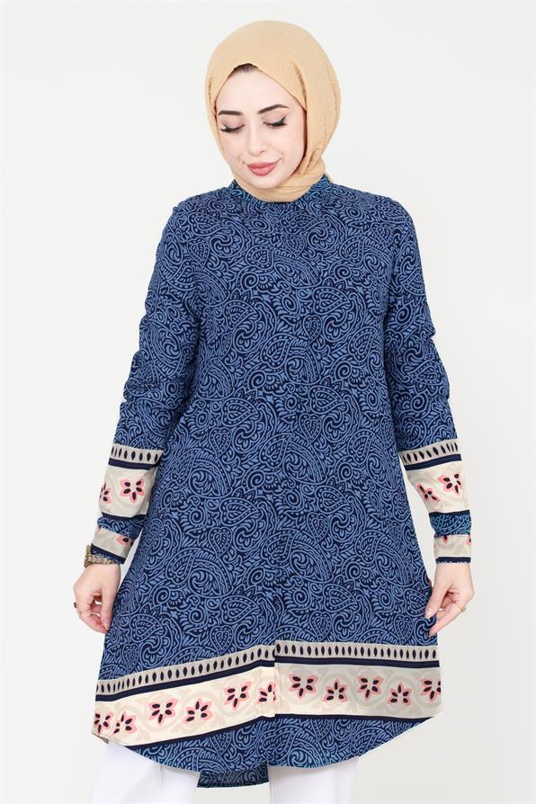 hawl Patterned Viscose Tunic - Indigo