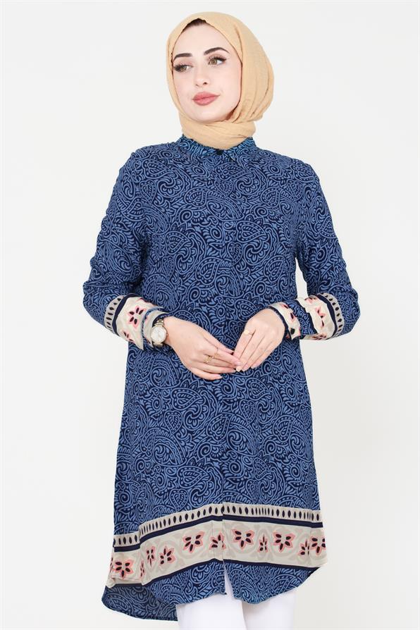 hawl Patterned Viscose Tunic - Indigo