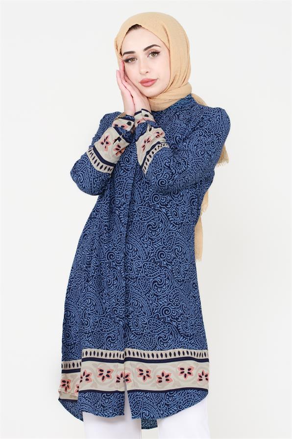 hawl Patterned Viscose Tunic - Indigo