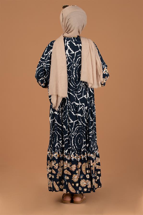 Paisley Desing Viscose Fabric Half Buttoned Dress-Navy Blue