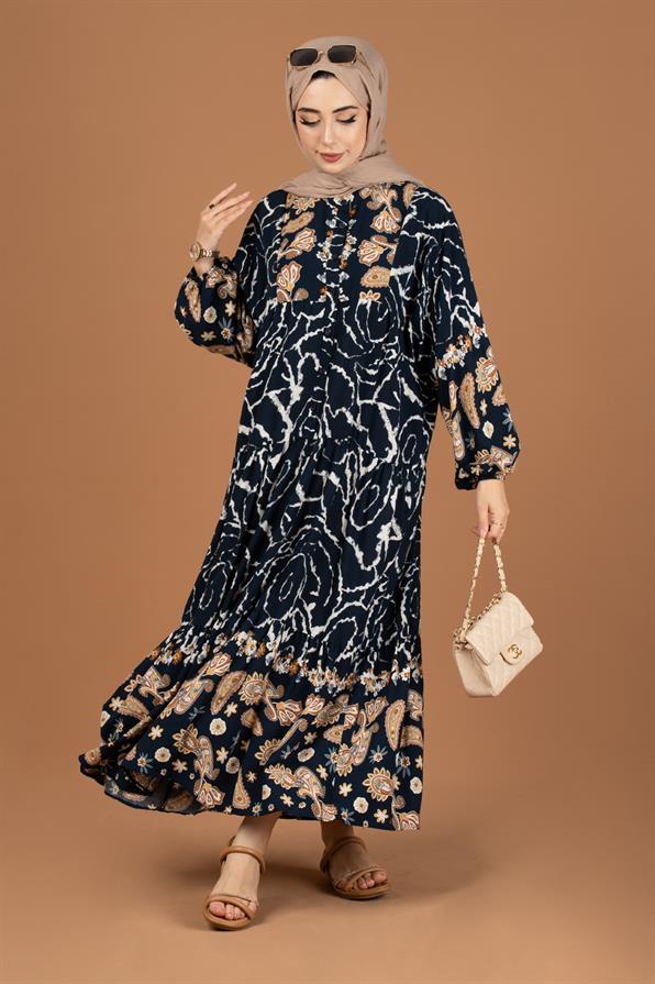 Paisley Desing Viscose Fabric Half Buttoned Dress-Navy Blue
