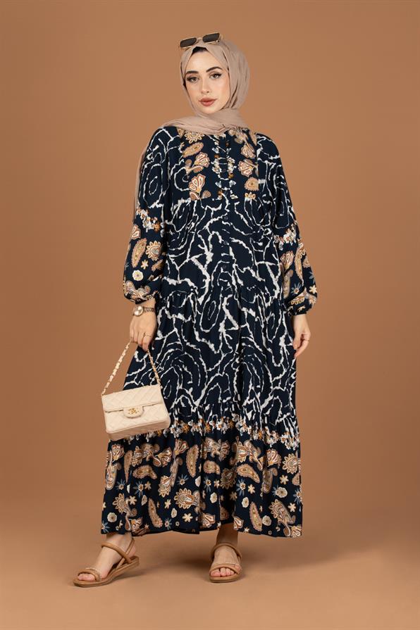 Paisley Desing Viscose Fabric Half Buttoned Dress-Navy Blue