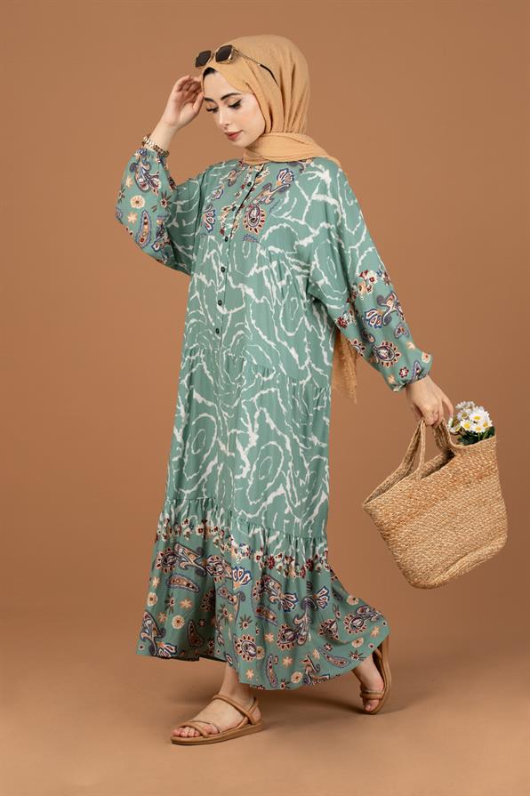 Paisley Desing Viscose Fabric Half Buttoned Dress-Green