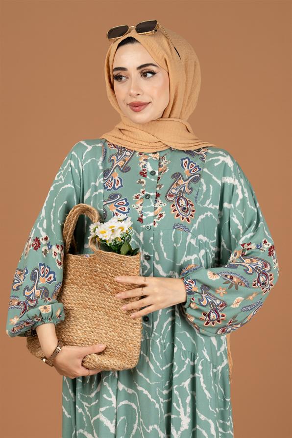 Paisley Desing Viscose Fabric Half Buttoned Dress-Green
