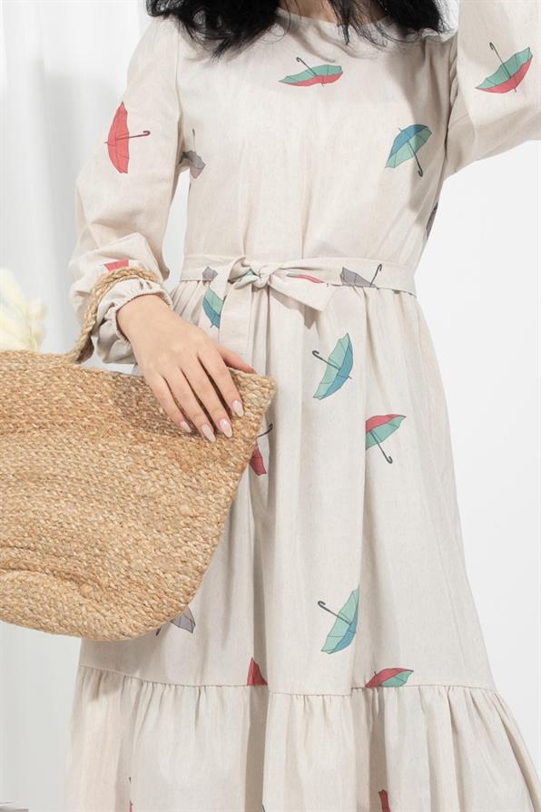 Umbrella-Patterned Linen Dress
