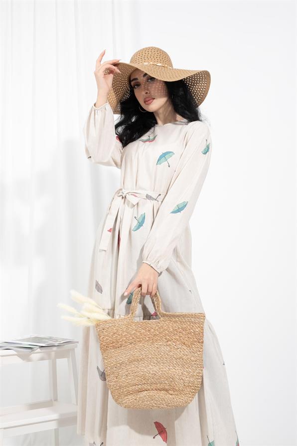 Umbrella-Patterned Linen Dress