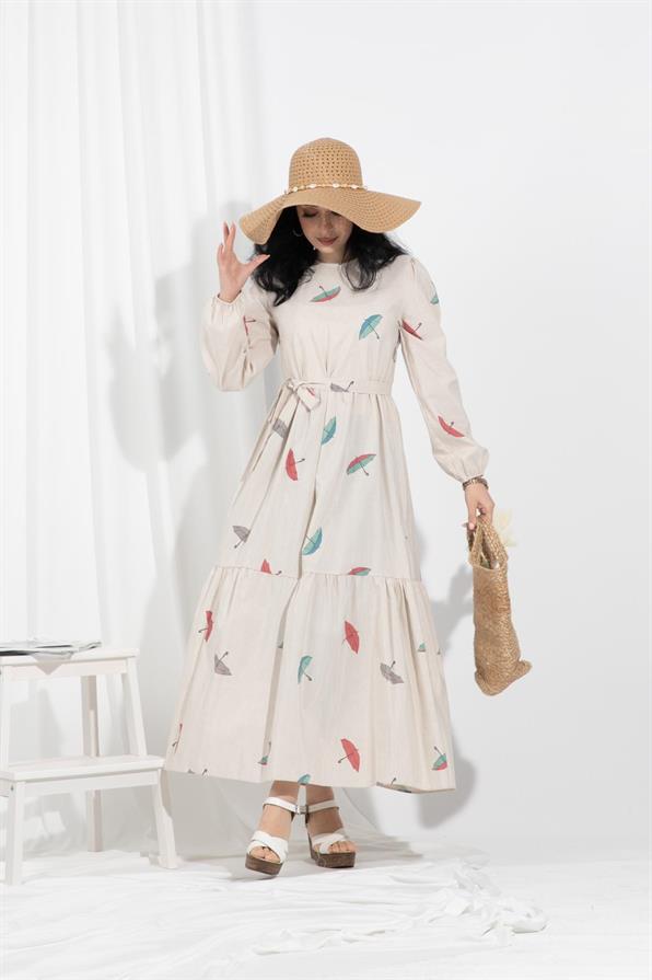 Umbrella-Patterned Linen Dress