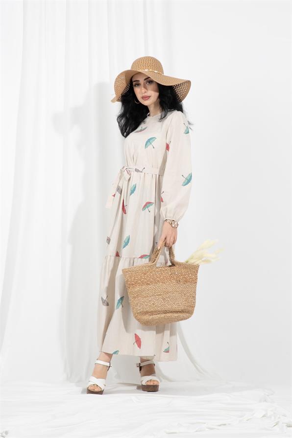 Umbrella-Patterned Linen Dress