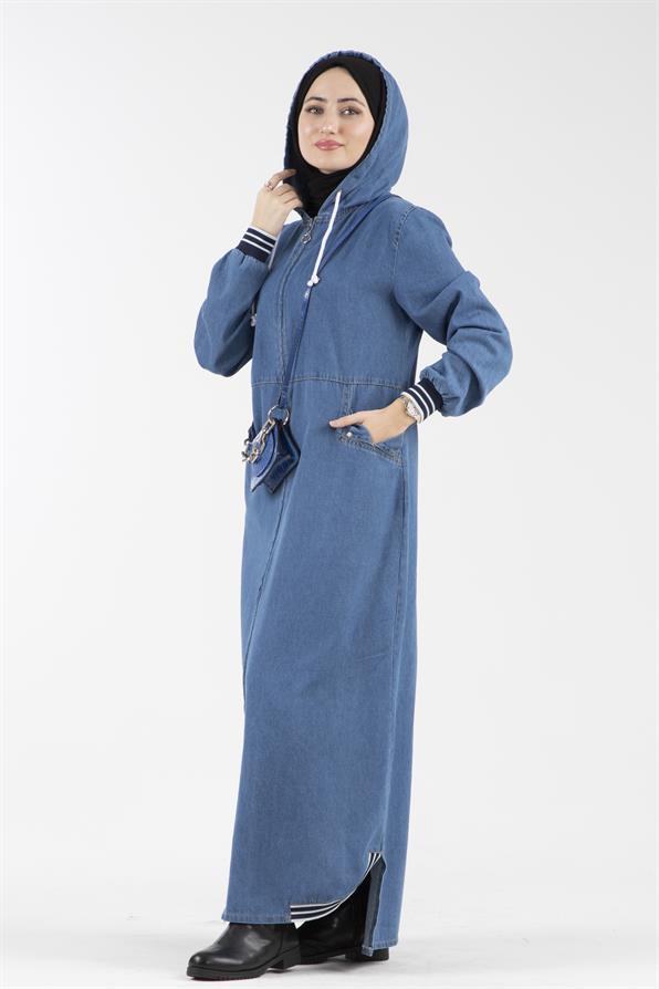 فستان جينز بتفاصيل الشريط -اللون الأزرق