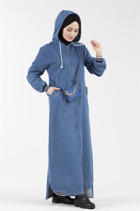 فستان جينز بتفاصيل الشريط -اللون الأزرق