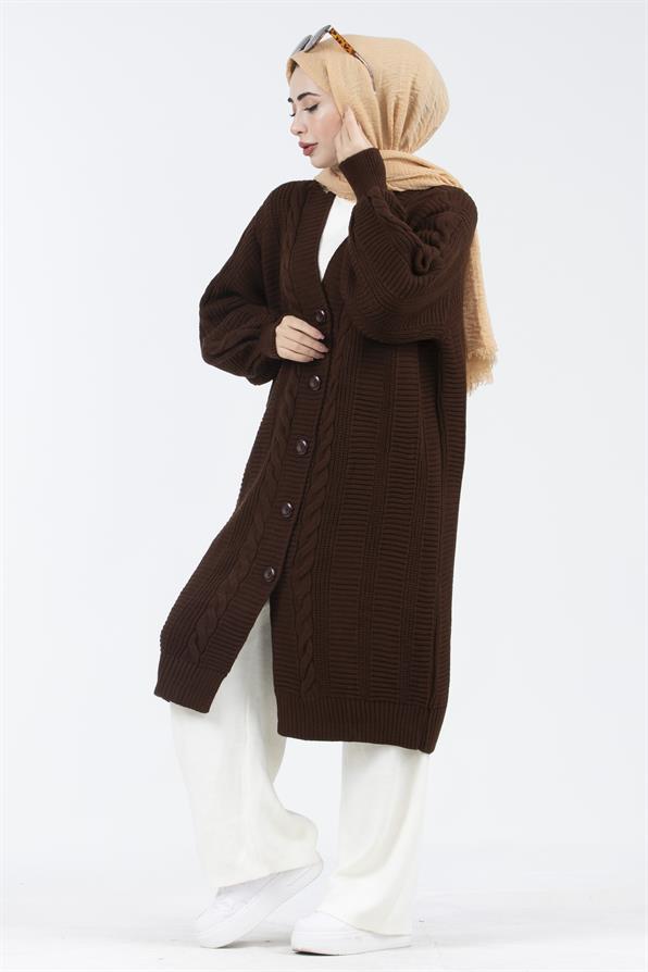 Braided Cable Knit Cardigan - Brown