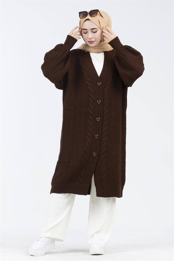 Braided Cable Knit Cardigan - Brown