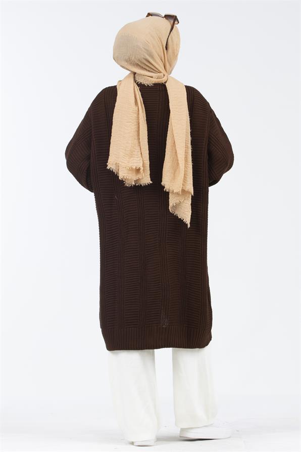 Braided Cable Knit Cardigan - Brown