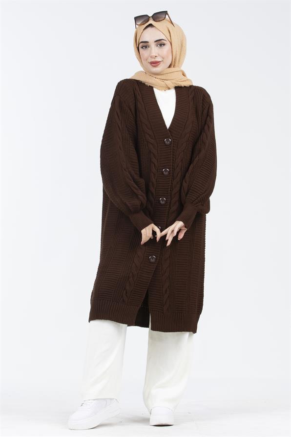 Braided Cable Knit Cardigan - Brown