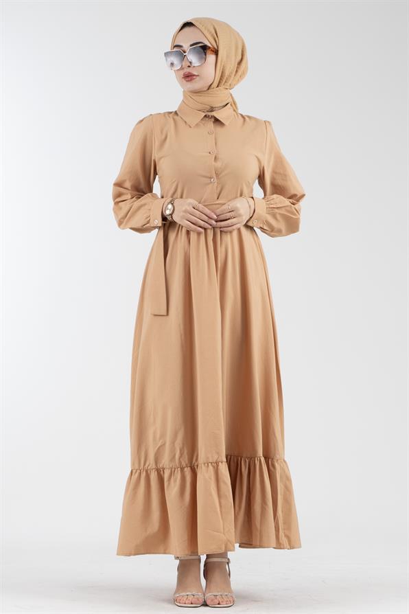 Mobile Belted Shirt Collar Dress-Camel