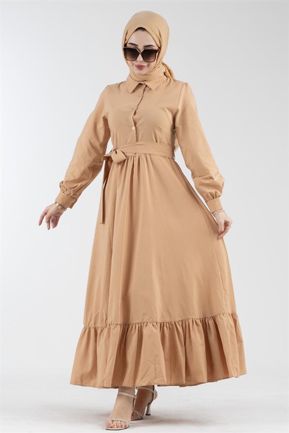 Mobile Belted Shirt Collar Dress-Camel
