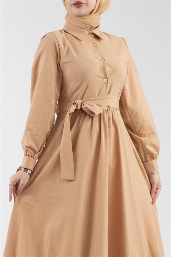 Mobile Belted Shirt Collar Dress-Camel