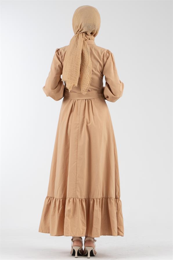 Mobile Belted Shirt Collar Dress-Camel
