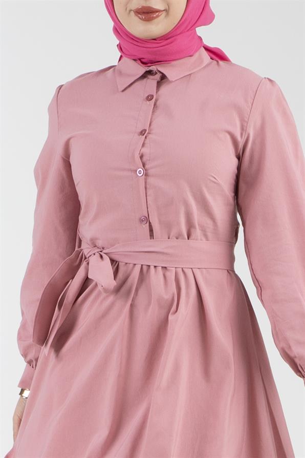 Seyyar Kuşaklı Gömlek Yaka Elbise-Pembe