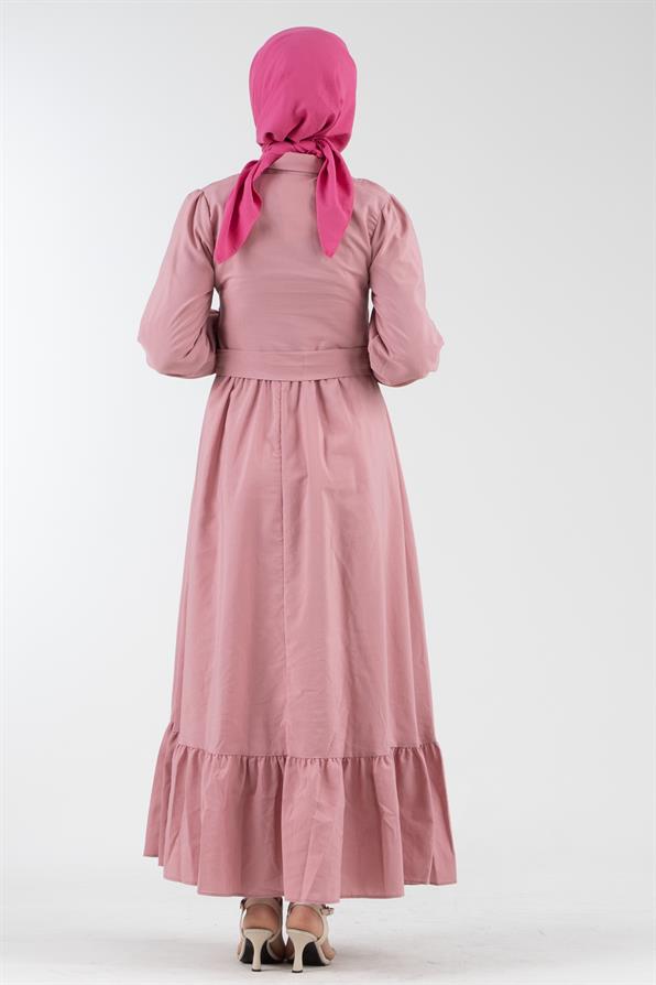 Seyyar Kuşaklı Gömlek Yaka Elbise-Pembe