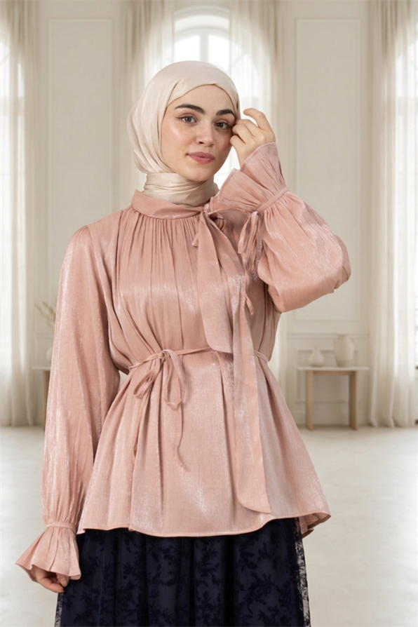 Kolu Volanlı Janjan Abiye Bluz-PEMBE