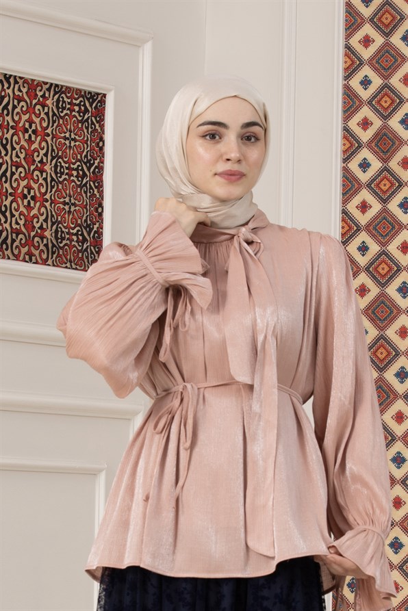 Kolu Volanlı Janjan Abiye Bluz-PEMBE