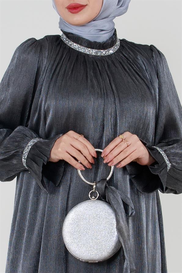 فستان سهرة بفصوص لامعة - رمادي داكن