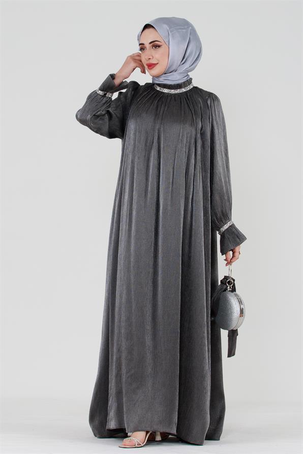 فستان سهرة بفصوص لامعة - رمادي داكن