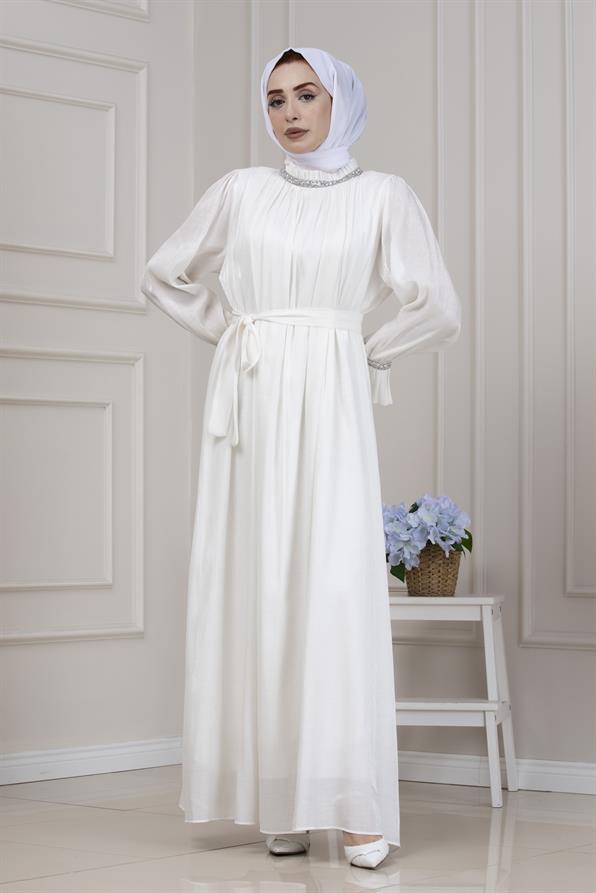 Simli Taşlı Abiye Elbise-BEYAZ