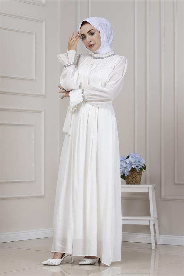 Simli Taşlı Abiye Elbise-BEYAZ