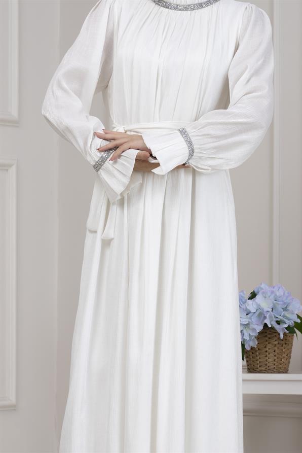 Simli Taşlı Abiye Elbise-BEYAZ