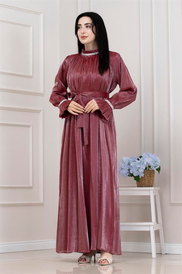Simli Taşlı Abiye Elbise-Bordo