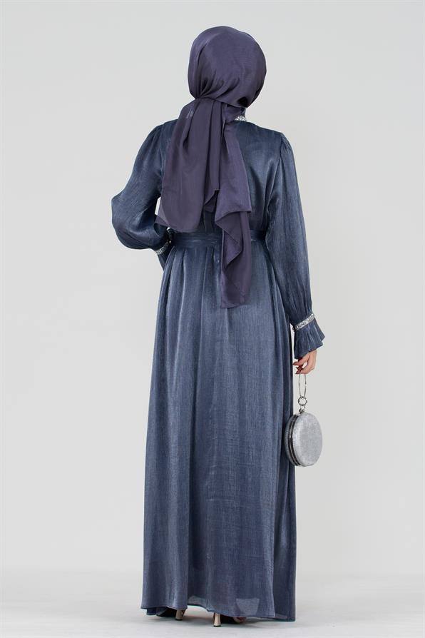 فستان سهرة بفصوص لامعة - اللون الأزرق الداكن