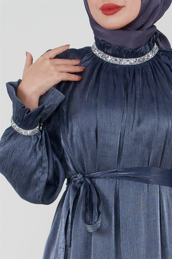 فستان سهرة بفصوص لامعة - اللون الأزرق الداكن