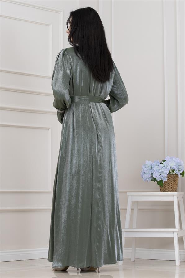 Simli Taşlı Abiye Elbise-MİNT YEŞİLİ