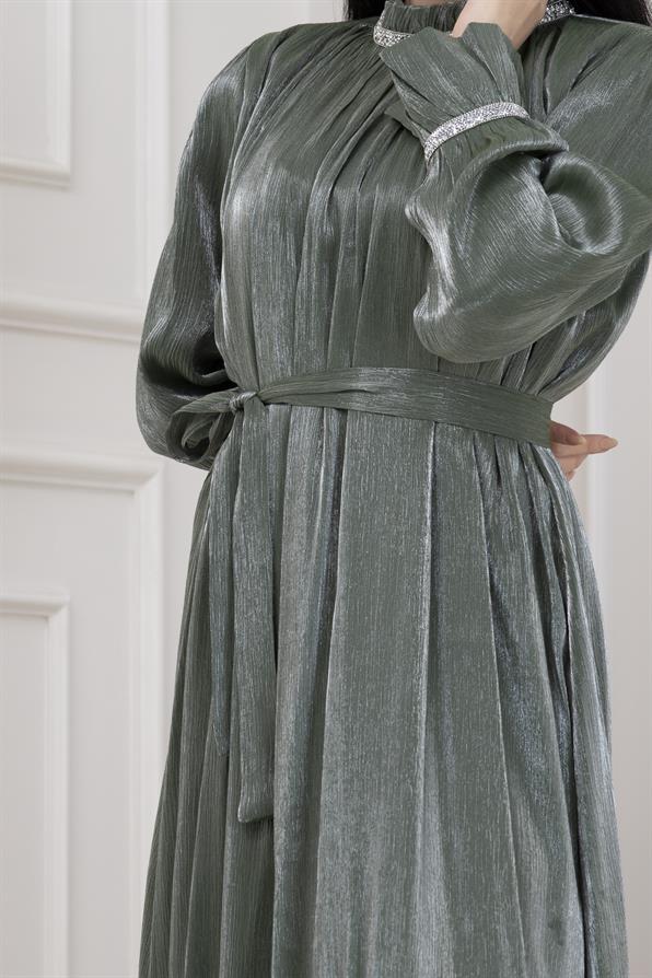 Simli Taşlı Abiye Elbise-MİNT YEŞİLİ